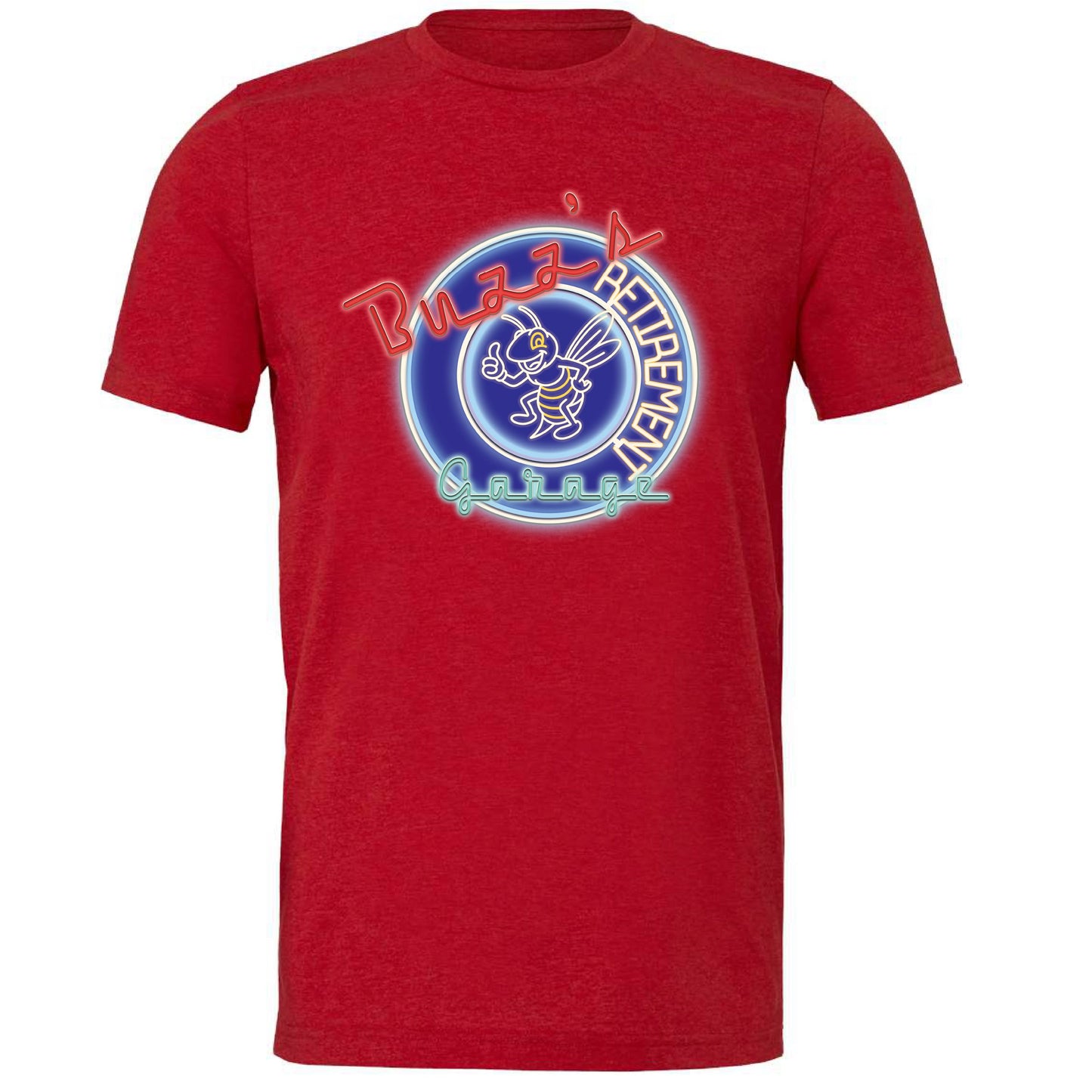 Short Sleeve T-Shirt with Buzz’s Retirement Garage Neon Logo – Bella + Canvas