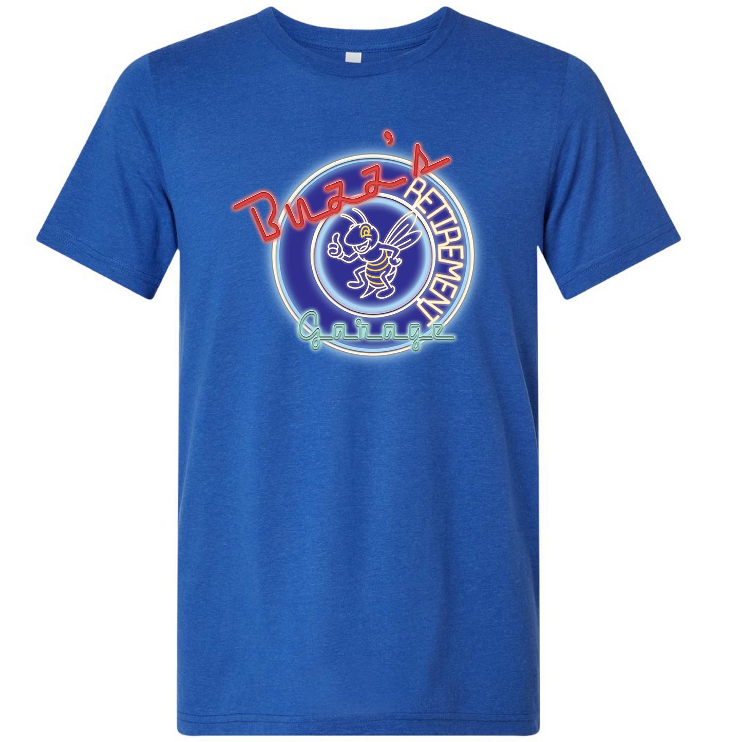 Short Sleeve T-Shirt with Buzz’s Retirement Garage Neon Logo – Bella + Canvas