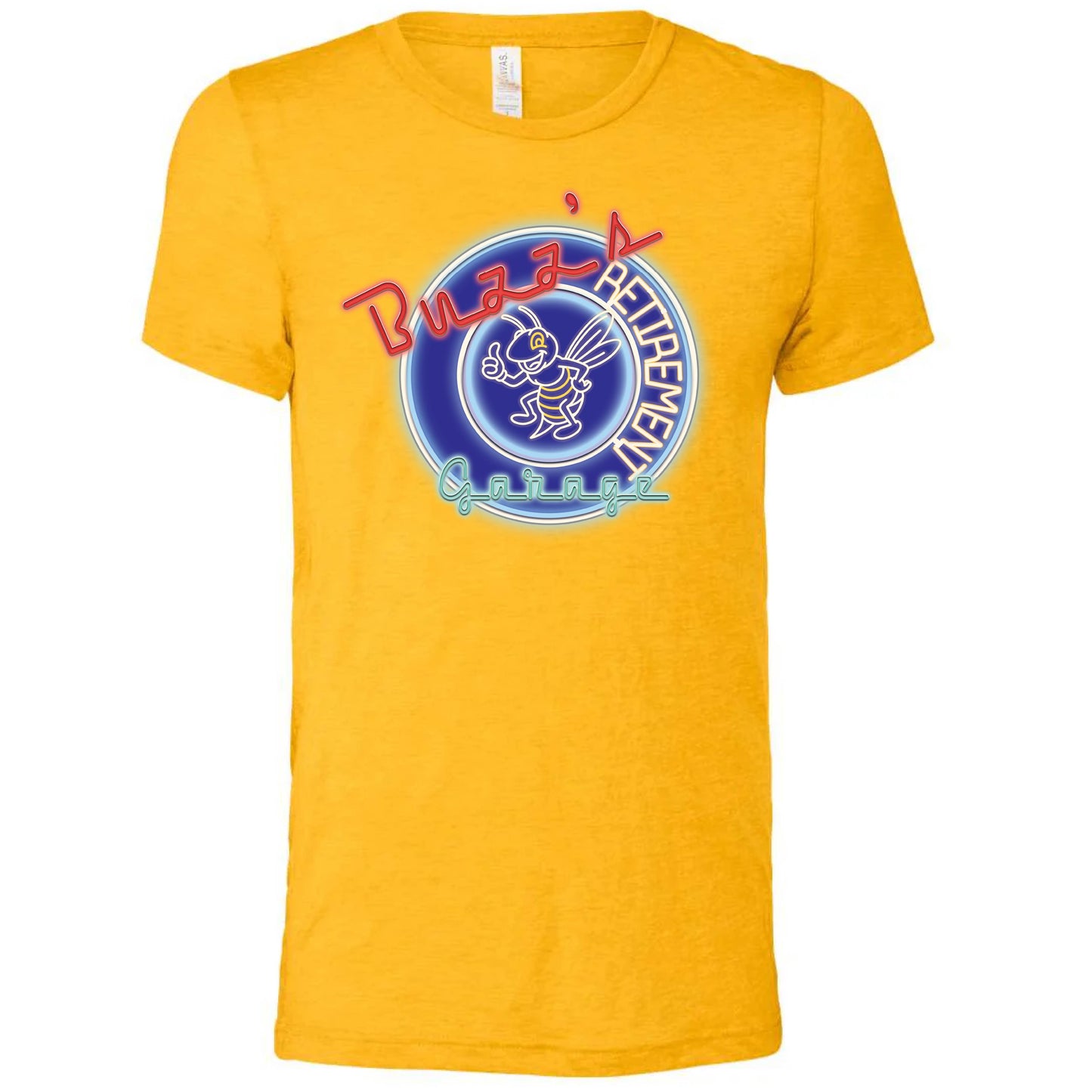 Short Sleeve T-Shirt with Buzz’s Retirement Garage Neon Logo – Bella + Canvas