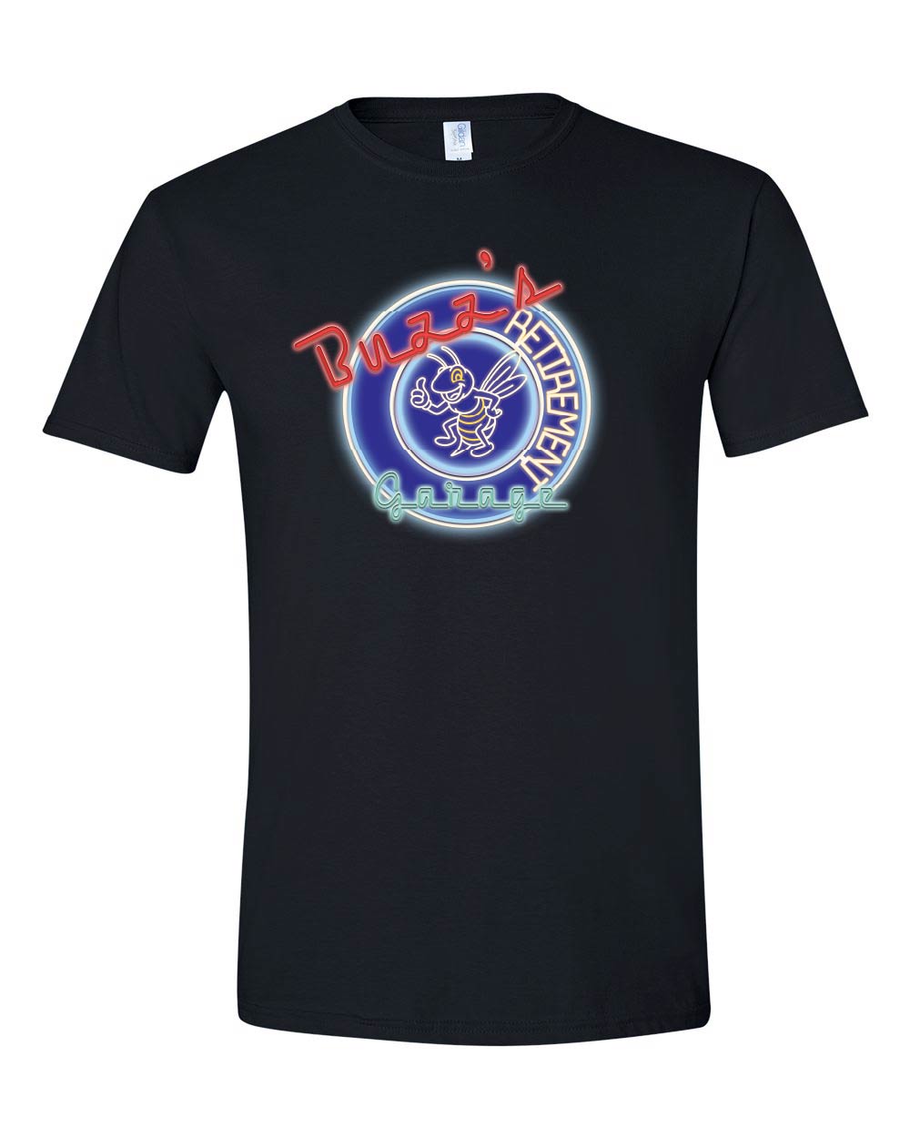 Black t-shirt with a colorful logo on a white background