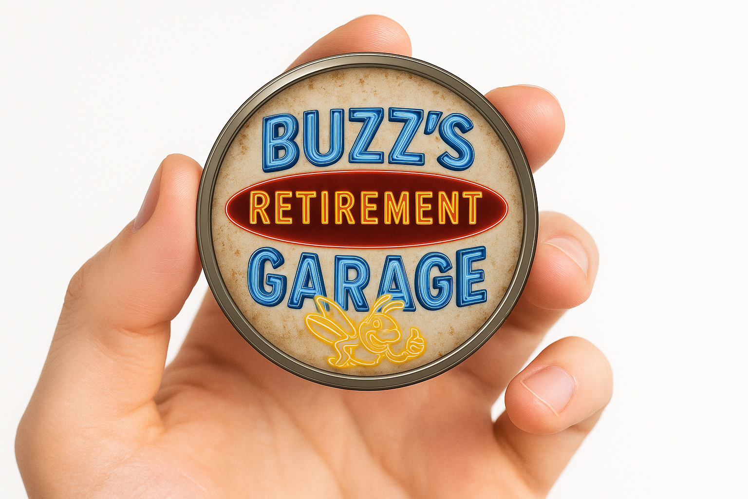 Hand holding a coin with 'Buzz's Retirement Garage' text and logo.