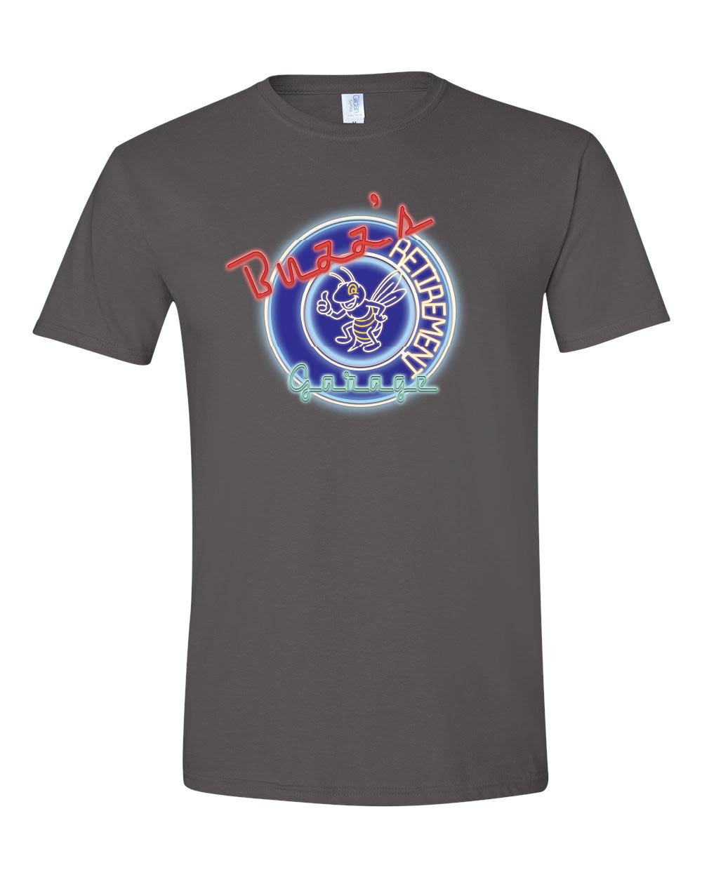 Gray t-shirt with a logo and text on a white background