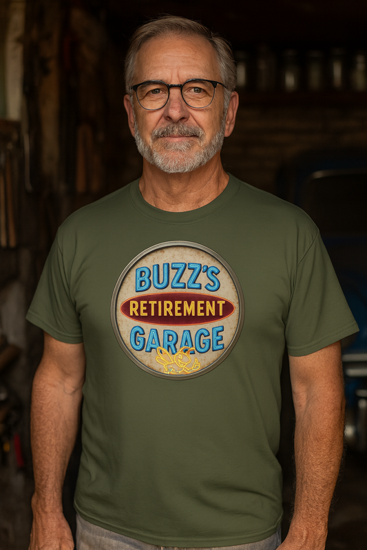 Short Sleeve T-Shirt with Buzz’s Retirement Garage Antique Logo – Bella + Canvas