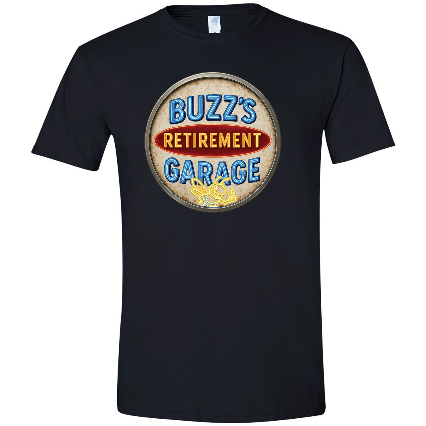 Short Sleeve T-Shirt with Buzz’s Retirement Garage Antique Logo – Gildan Softstyle