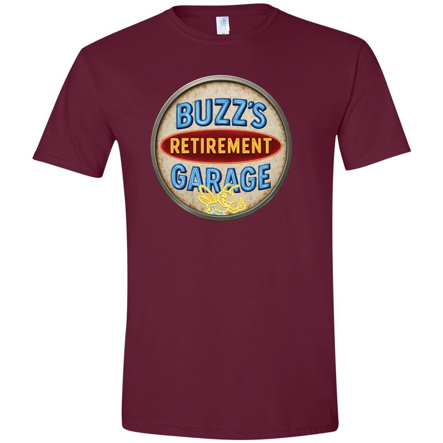 Short Sleeve T-Shirt with Buzz’s Retirement Garage Antique Logo – Gildan Softstyle