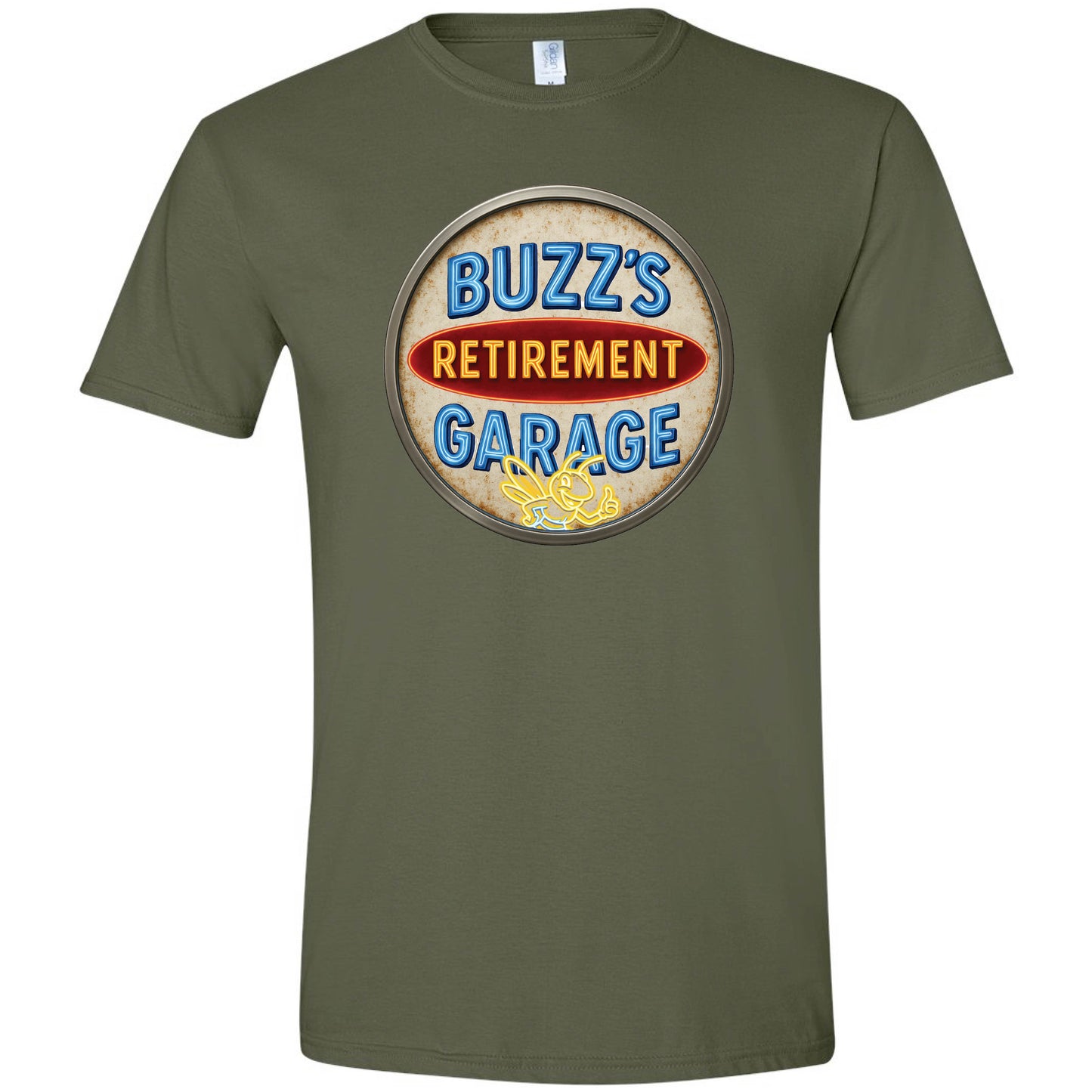 Short Sleeve T-Shirt with Buzz’s Retirement Garage Antique Logo – Gildan Softstyle