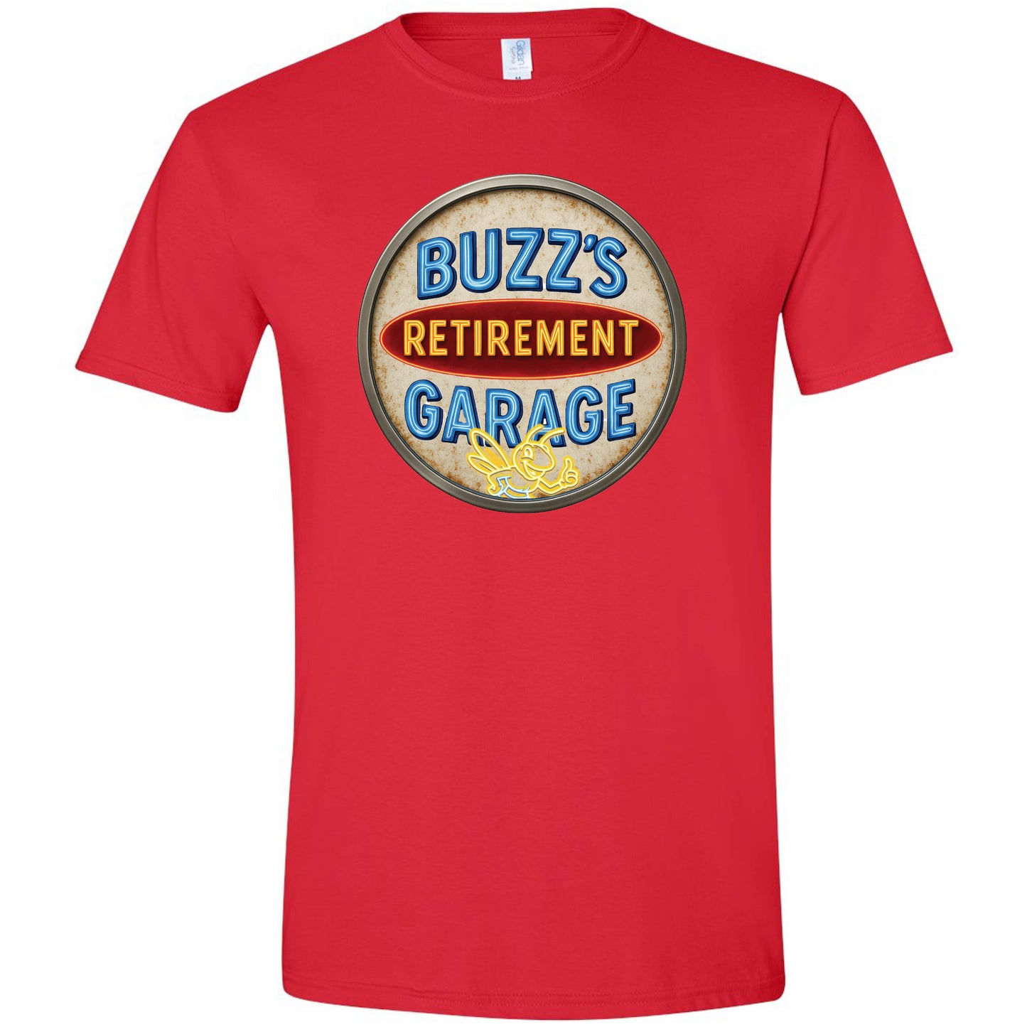 Short Sleeve T-Shirt with Buzz’s Retirement Garage Antique Logo – Gildan Softstyle