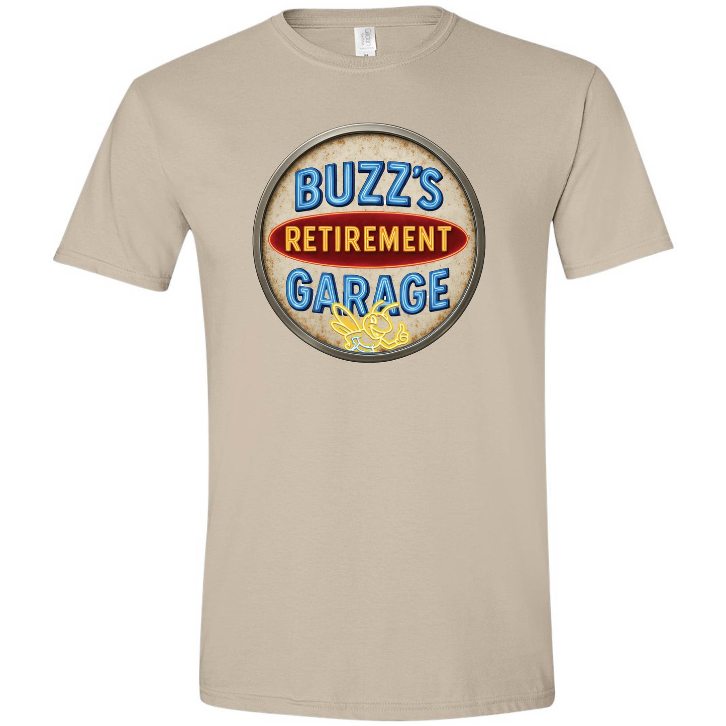 Short Sleeve T-Shirt with Buzz’s Retirement Garage Antique Logo – Gildan Softstyle