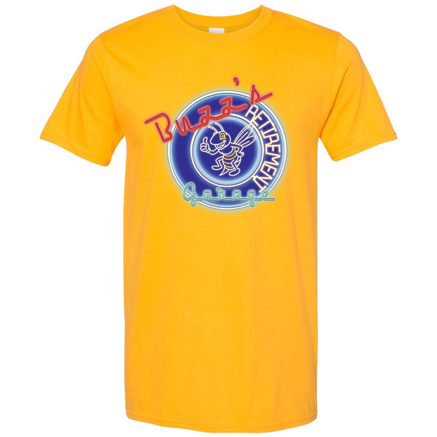 Short Sleeve T-Shirt with Buzz’s Retirement Garage Neon Logo – Gildan Softstyle