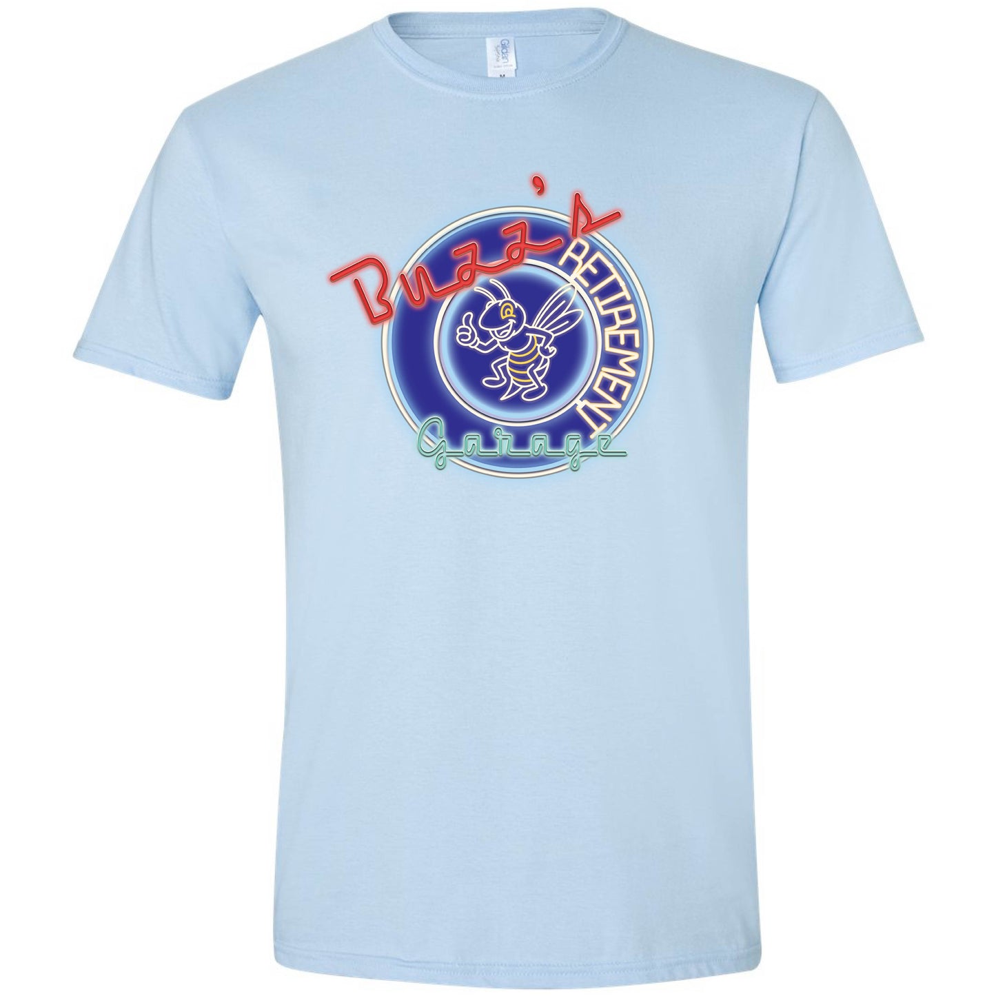 Short Sleeve T-Shirt with Buzz’s Retirement Garage Neon Logo – Gildan Softstyle