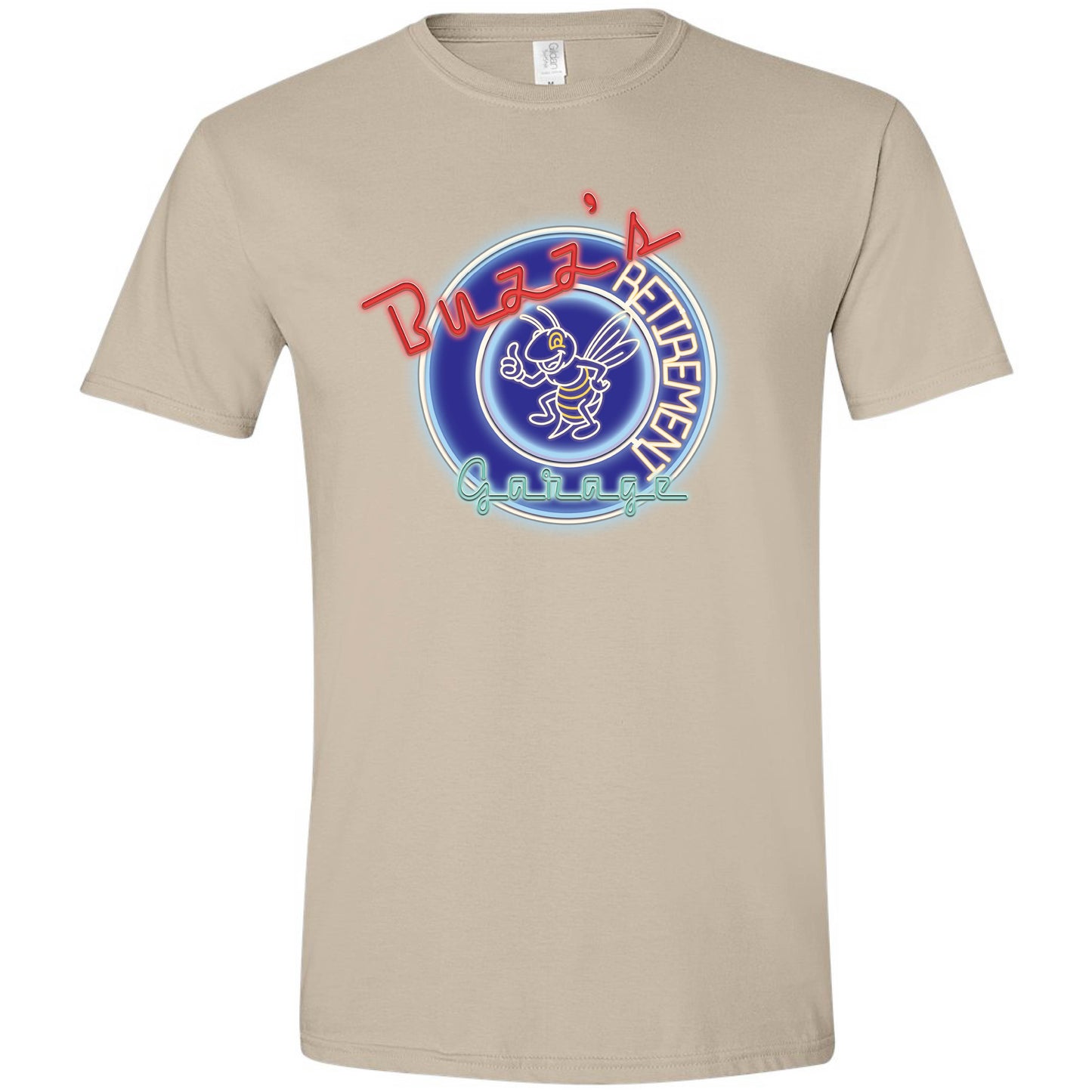 Short Sleeve T-Shirt with Buzz’s Retirement Garage Neon Logo – Gildan Softstyle