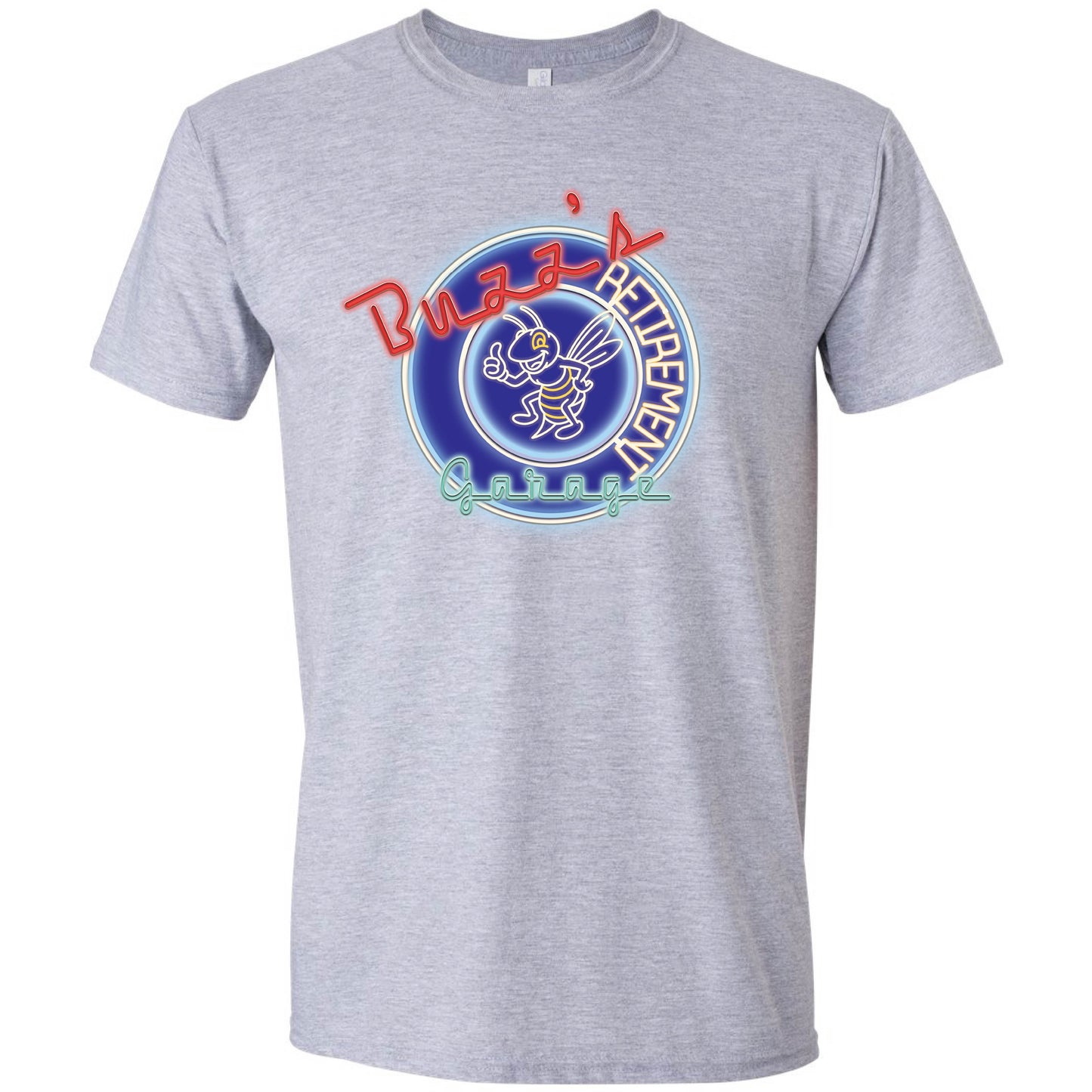 Short Sleeve T-Shirt with Buzz’s Retirement Garage Neon Logo – Gildan Softstyle