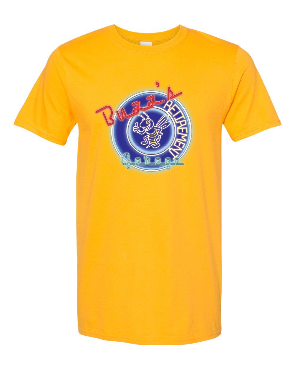Yellow t-shirt with a graphic design on a white background