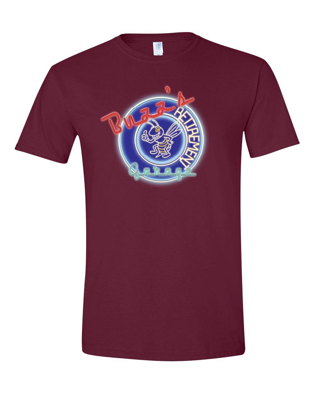Maroon t-shirt with a graphic design on a white background