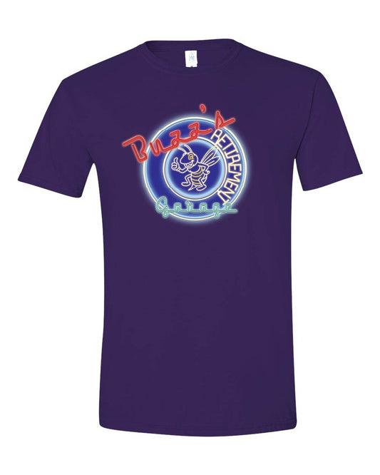 Purple t-shirt with a graphic design on a white background