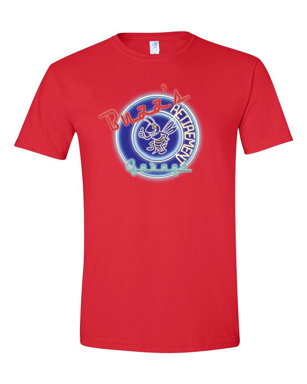 Red t-shirt with a graphic design on a white background