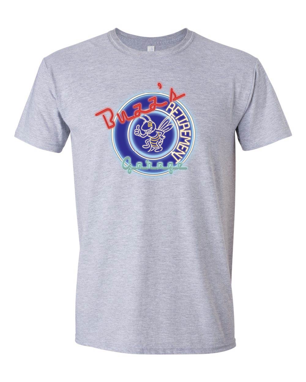 Gray t-shirt with a colorful graphic design on a white background