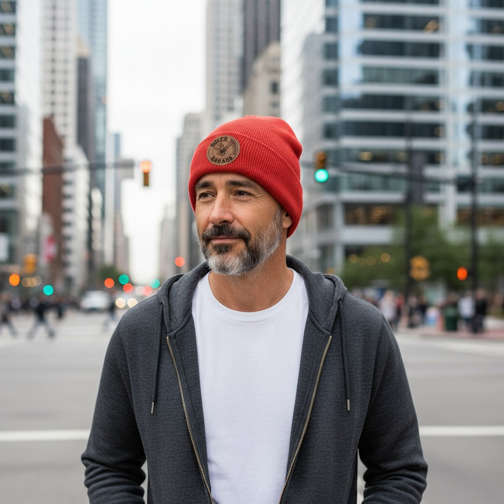 Beanie with Buzz's Retirement Garage B&W Logo - Richardson Heather Cuffed