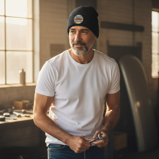 Beanie with Buzz's Retirement Garage Antique Logo - Richardson Heather Cuffed